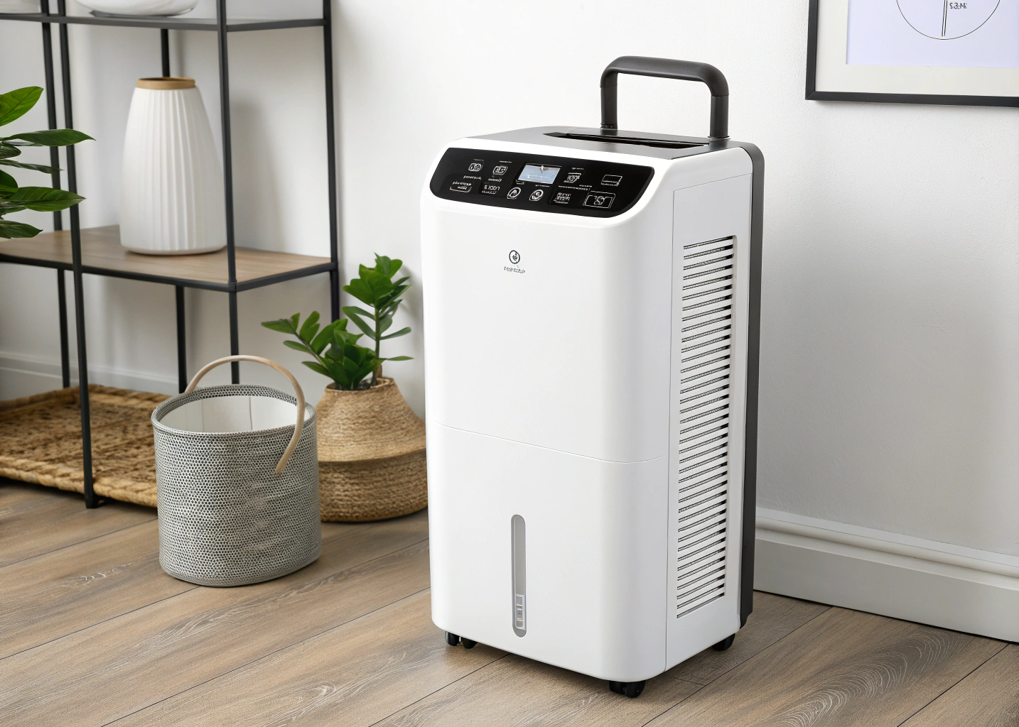 White dehumidifier with digital controls placed in a modern living room next to decorative plants.

