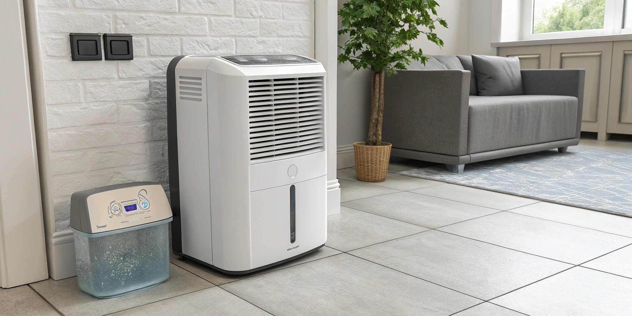 Dehumidifier in a cozy living room setup, placed near a gray sofa and large indoor plant.

