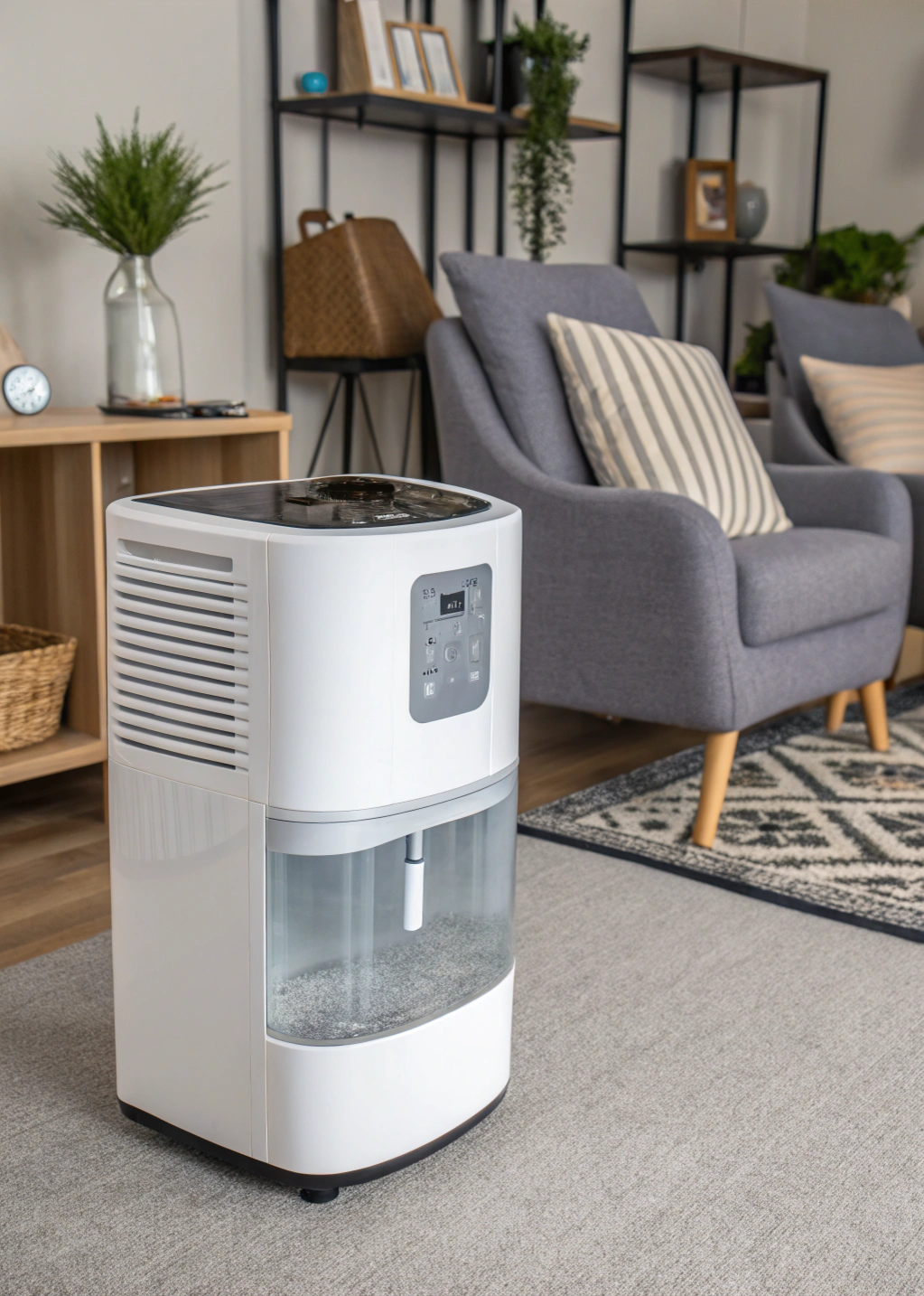 Dehumidifier with a transparent water tank, placed in a stylish living space with gray chairs and modern decor.

